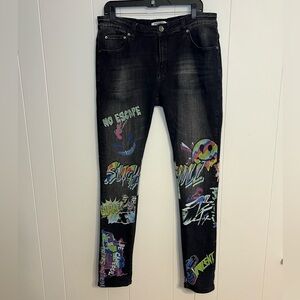 SUGARHILL TRIPPY BRIGHT GRAPHICS No Escape Streetwear Denim‎ Jeans Pants Size 36